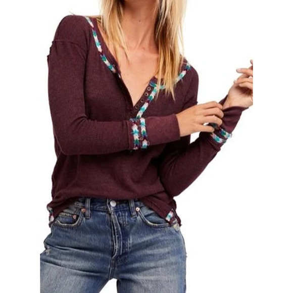 We The Free People Rainbow Trim Henley Thermal Top Small Boho Embroidered Wine - Picture 7 of 13